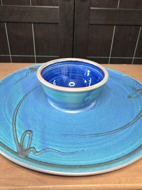 Blue Studio Art Pottery Chips And Salsa Serving Dish Attached Bowl Ceramic 13"